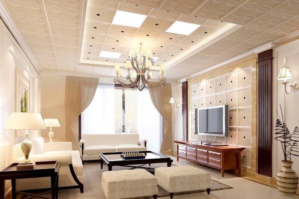 thiết kế trần nhà không gian phòng khách từ thạch cao 60x60