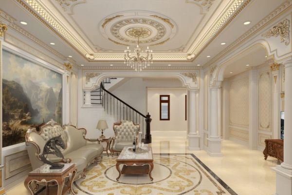 mẫu trần thạch cao phòng khách dát vàng phong cách hiện đại