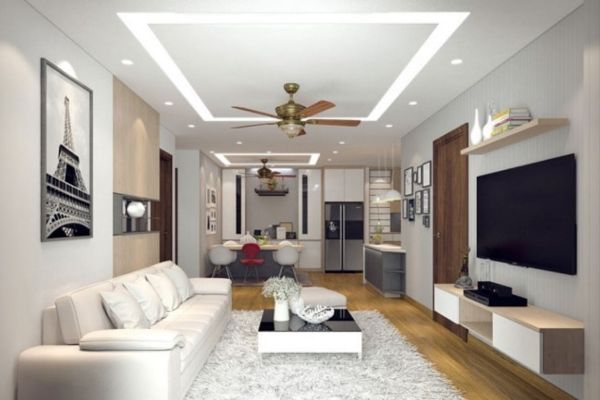 mẫu trần thạch cao phòng khách 20m2 có quạt trần