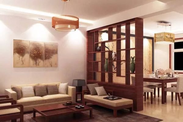thiết kế lam giả gỗ làm vách ngăn thạch cao phòng bếp và phòng khách