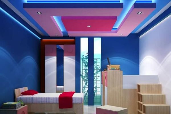 thiết kế trần thạch cao giật cấp màu xanh dương phòng ngủ đẹp